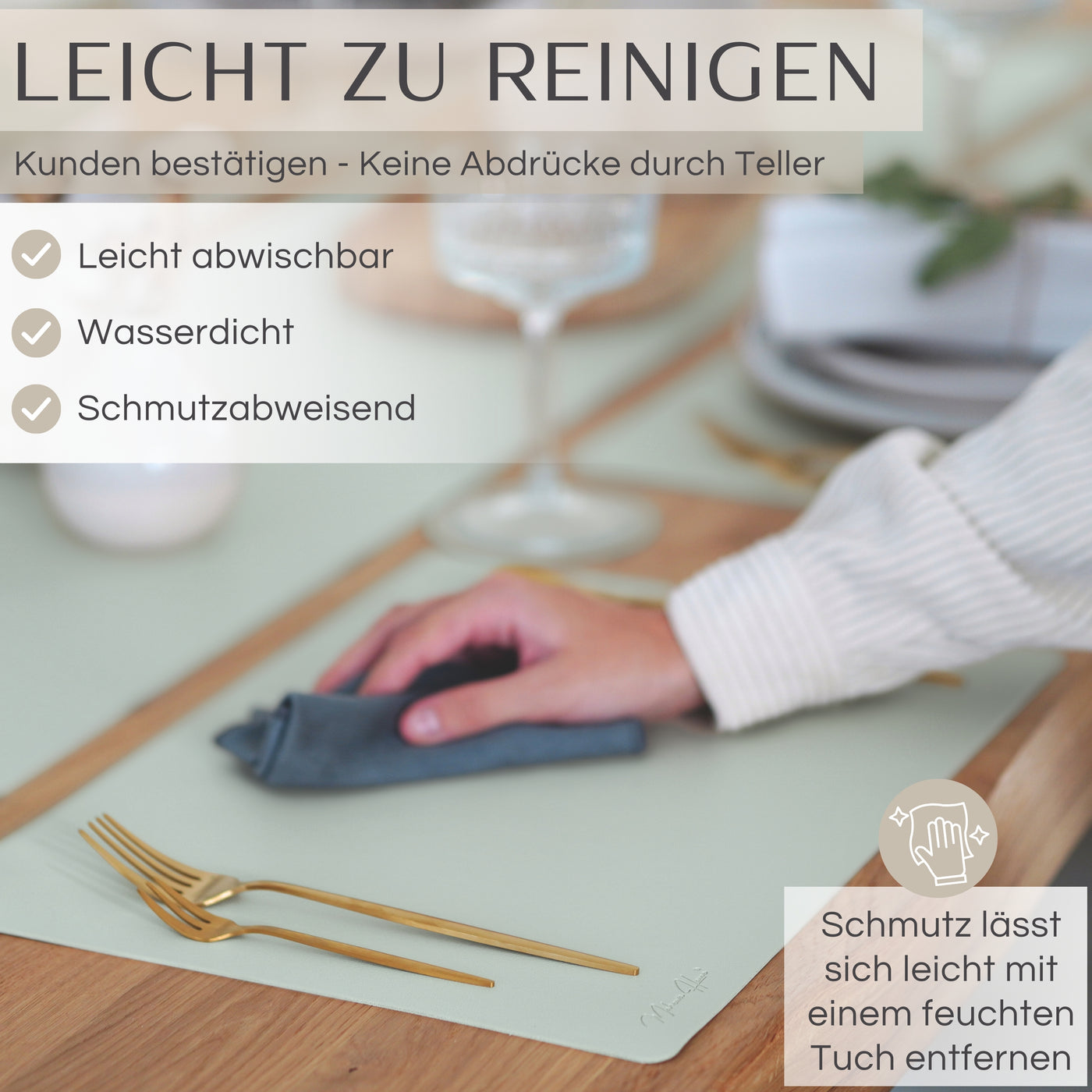 Tischset aus Lederimitat - Eckig 6er Set mit Holzhalter - Salbei