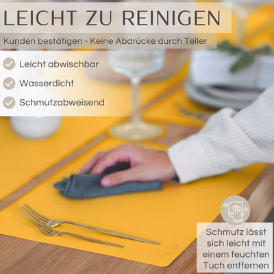 Tischset aus Lederimitat - Eckig 6er Set mit Holzhalter - Senfgelb