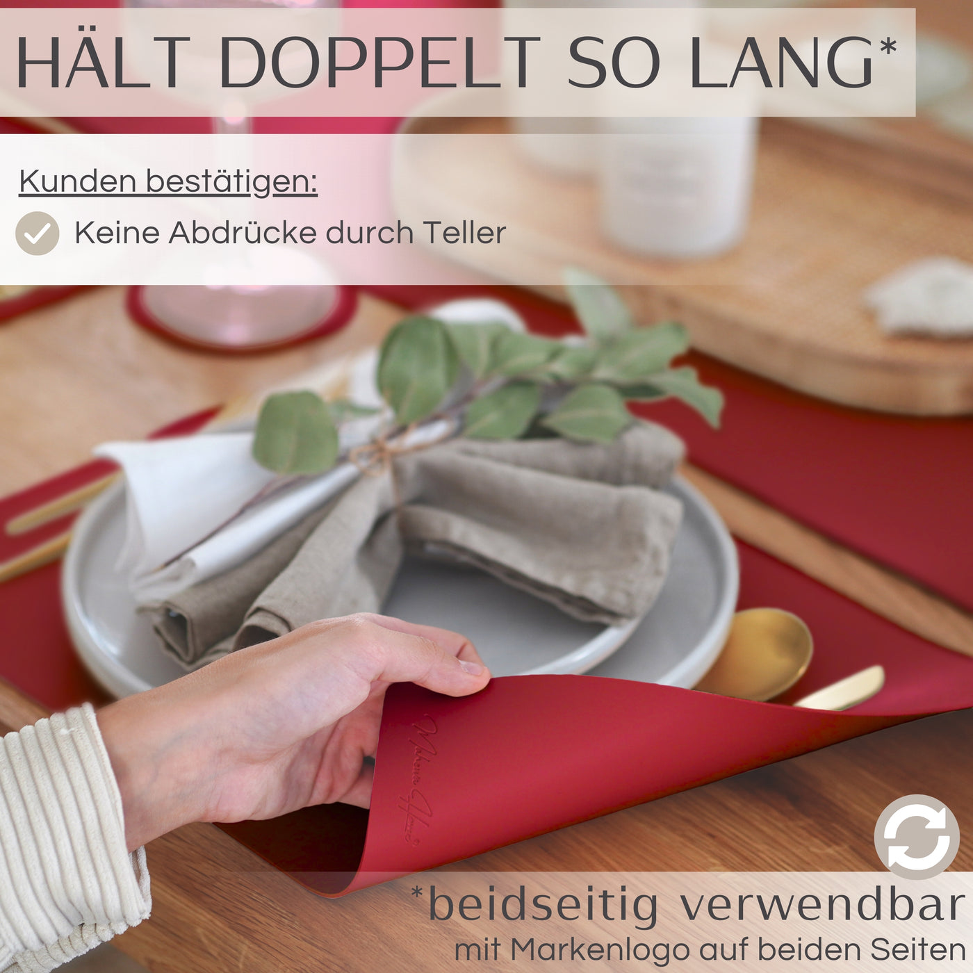 Tischset aus Lederimitat - Eckig 6er Set mit Holzhalter - Bordeaux