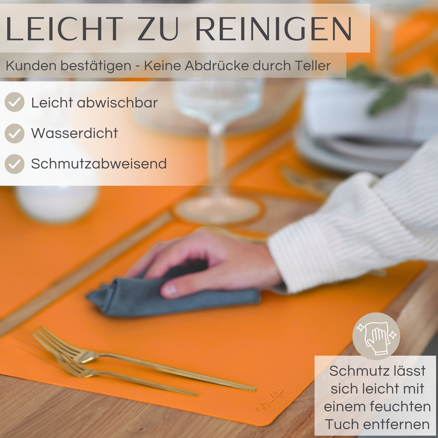 Tischset aus Lederimitat - Eckig 6er Set mit Holzhalter - Orange