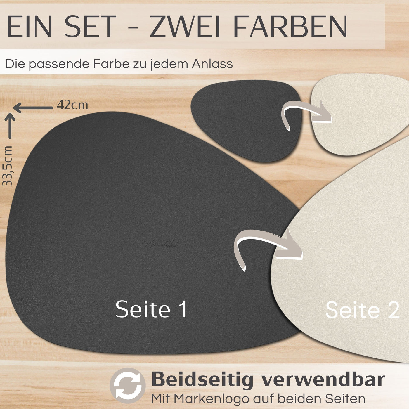 Tischset aus Lederimitat - Oval - Anthrazit / Creme