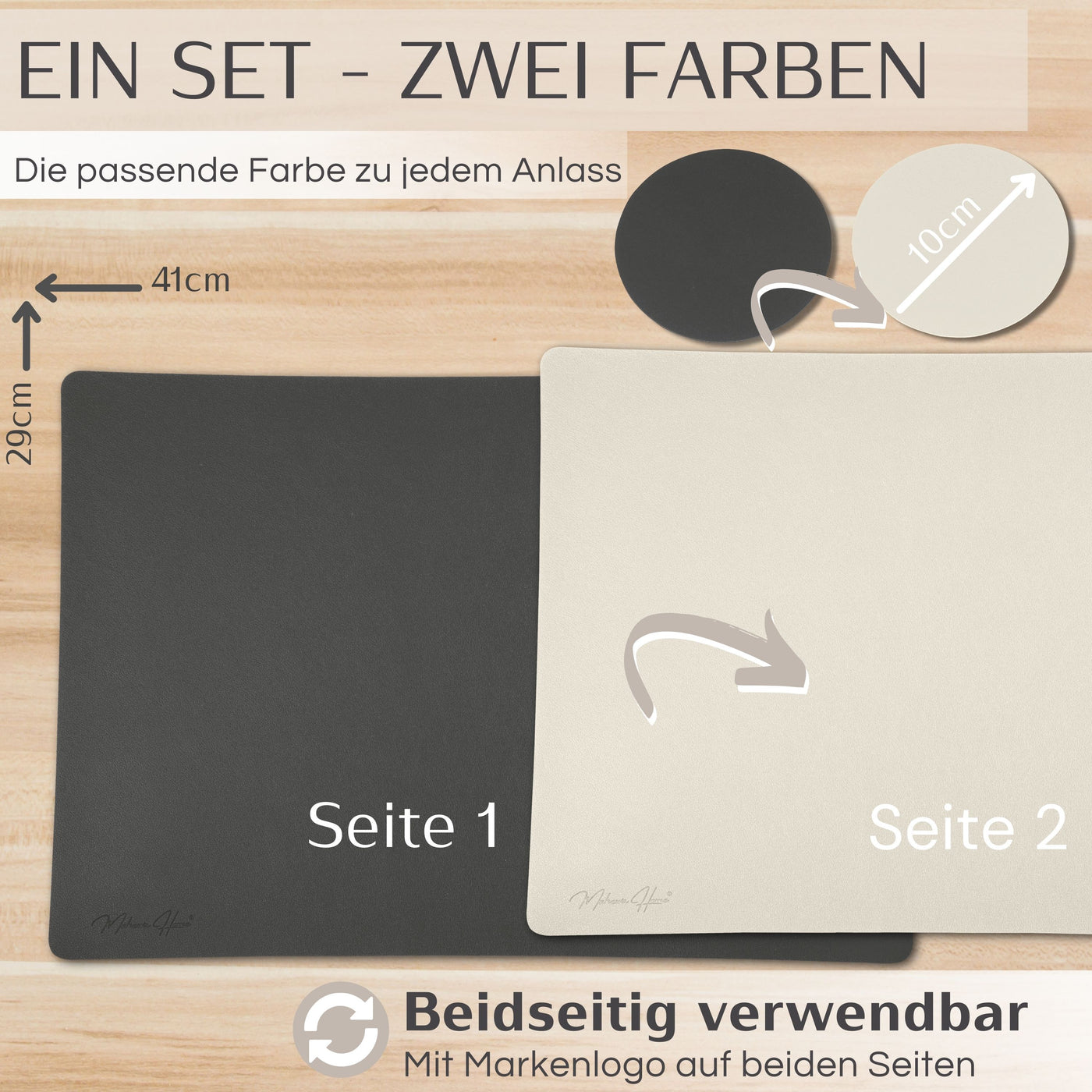 Tischset aus Lederimitat - Eckig 6er Set - Anthrazit/Creme