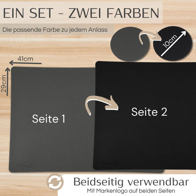 Tischset aus Lederimitat - Eckig 6er Set mit Holzhalter - Anthrazit / Schwarz