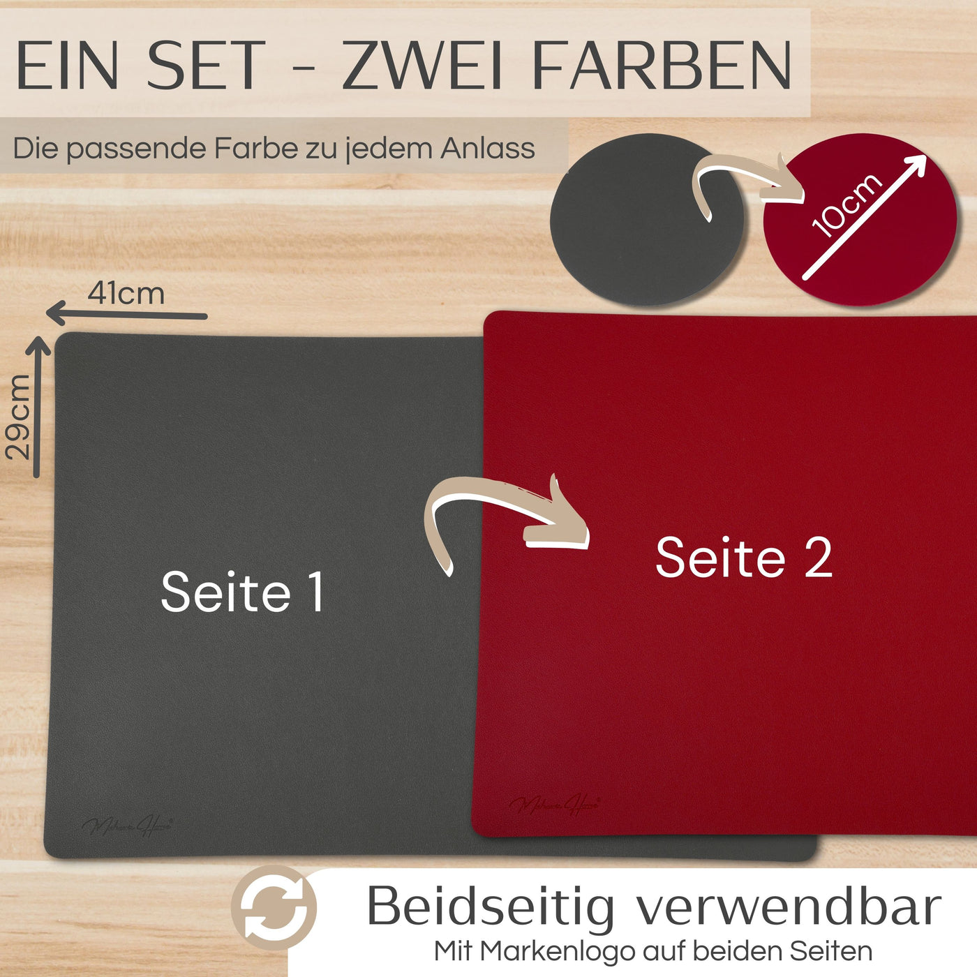 Tischset aus Lederimitat - Eckig 6er Set mit Holzhalter - Anthrazit/Bordeaux