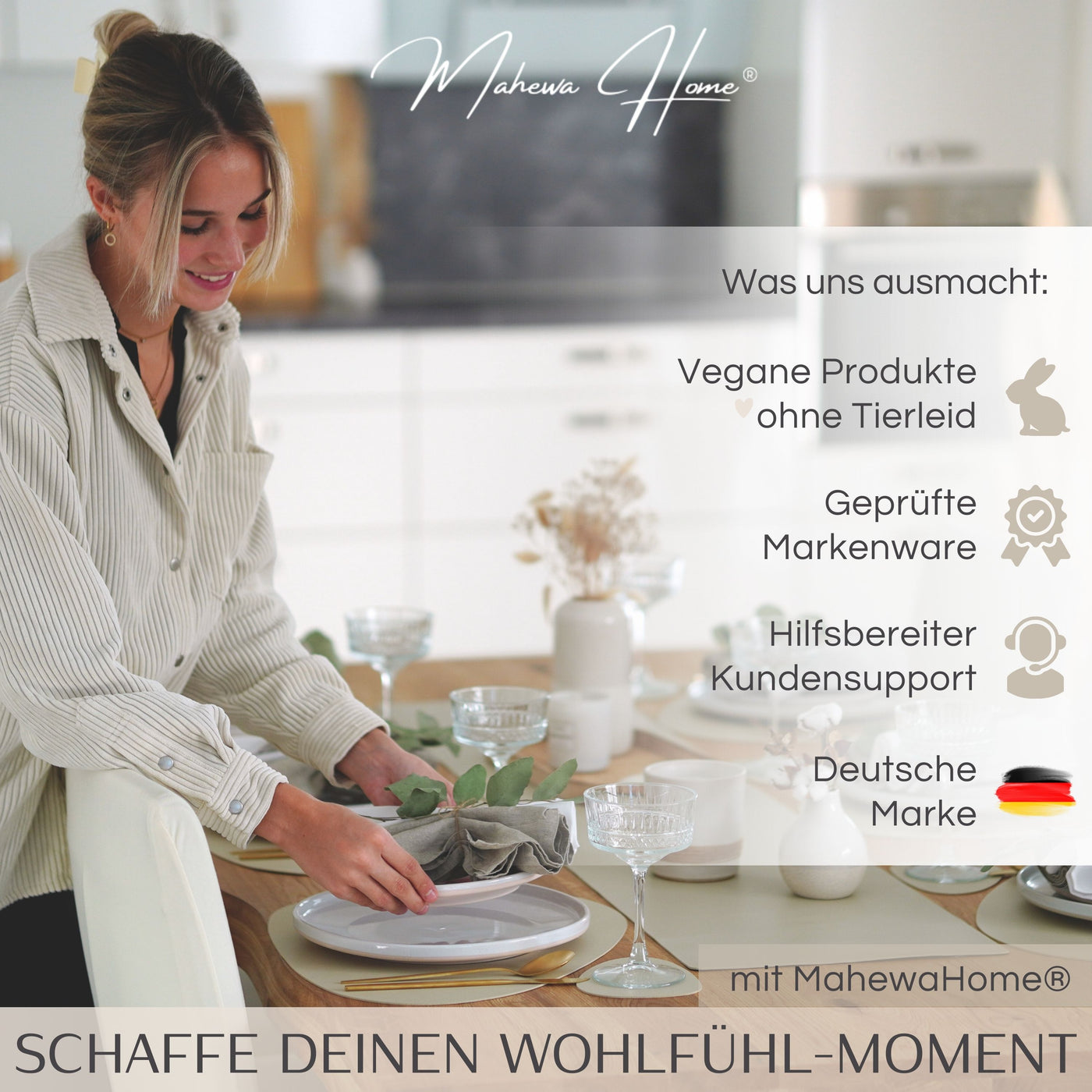 Tischset aus Lederimitat - Eckig 6er Set mit Holzhalter - Taupe