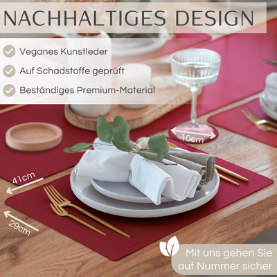 Tischset aus Lederimitat - Eckig 6er Set mit Holzhalter - Bordeaux