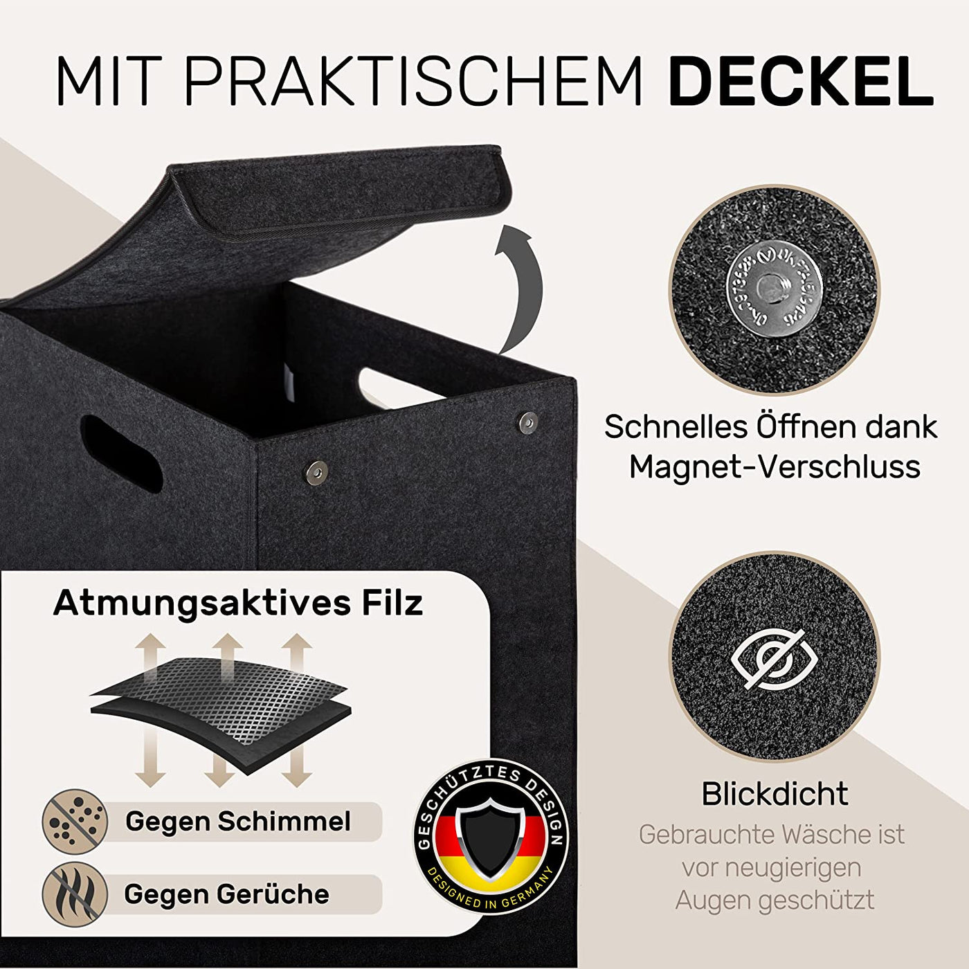 Wäschekorb mit Deckel aus Filz - Anthrazit