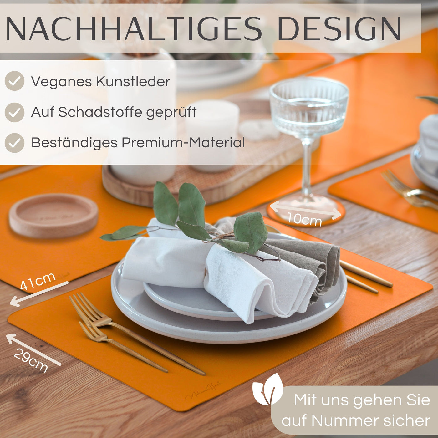 Tischset aus Lederimitat - Eckig 6er Set mit Holzhalter - Orange