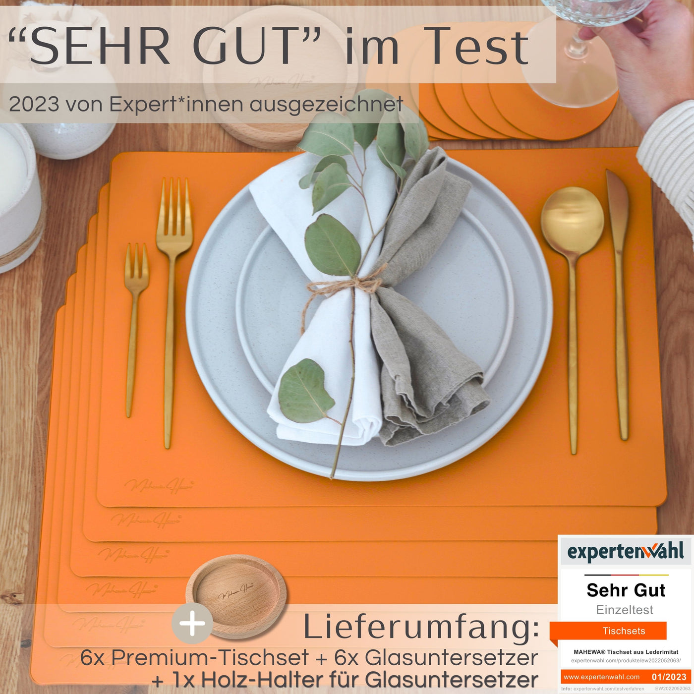 Tischset aus Lederimitat - Eckig 6er Set mit Holzhalter - Orange