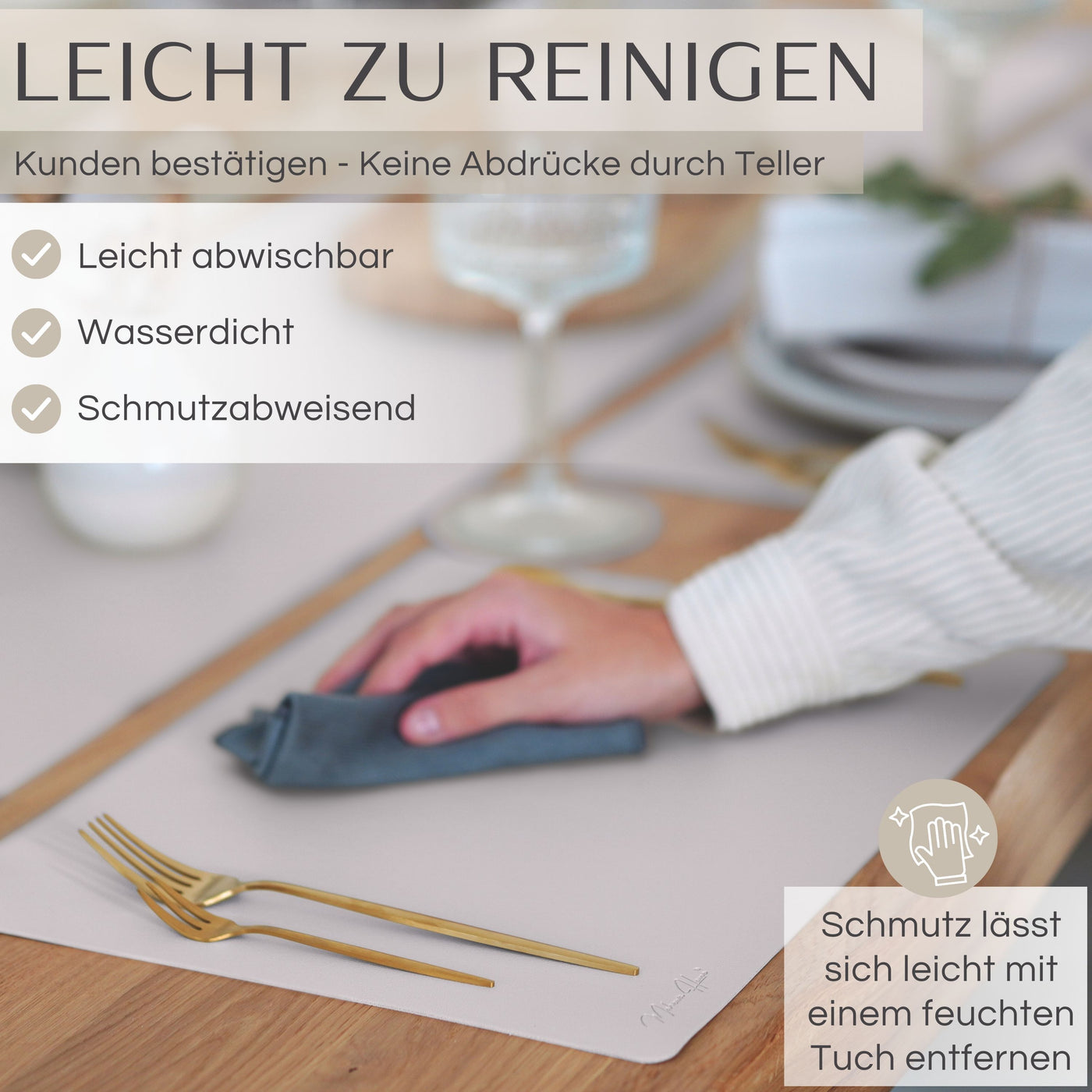 Tischset aus Lederimitat - Eckig 6er Set mit Holzhalter - Taupe