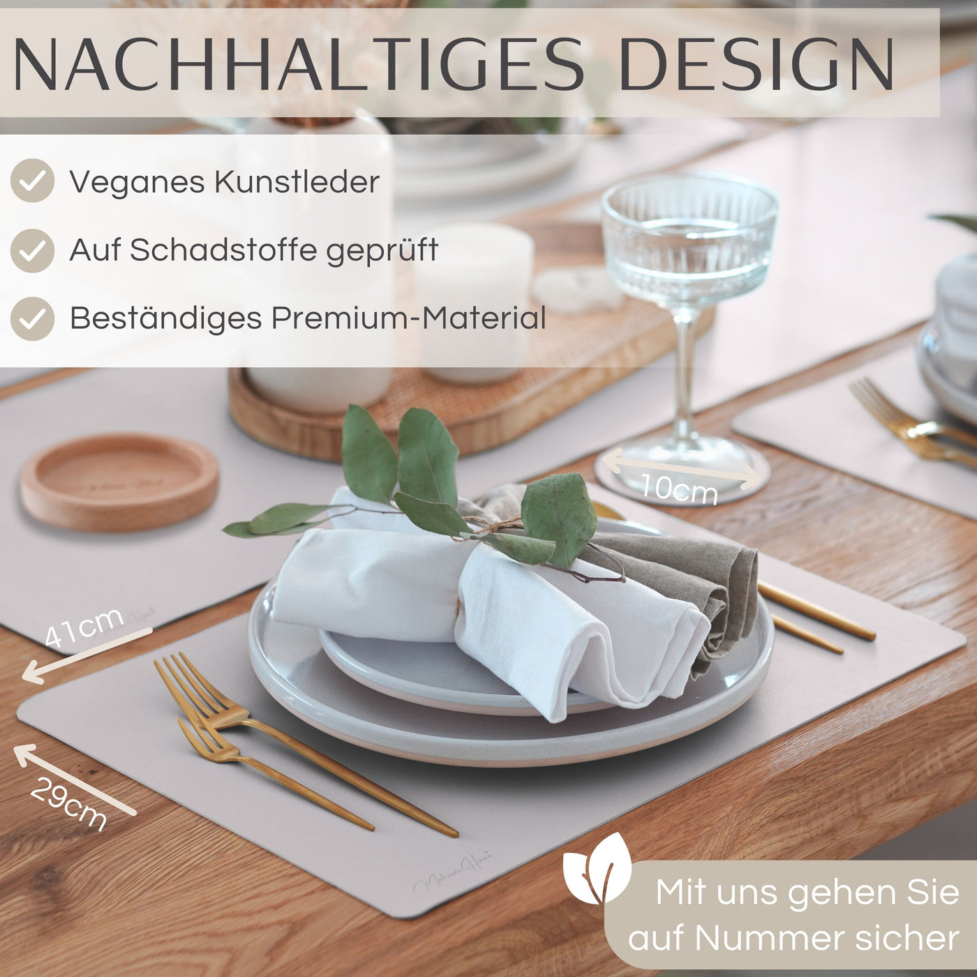 Tischset aus Lederimitat - Eckig 6er Set mit Holzhalter - Taupe