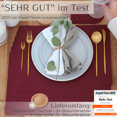 Tischset aus Lederimitat - Eckig 6er Set mit Holzhalter - Weinrot