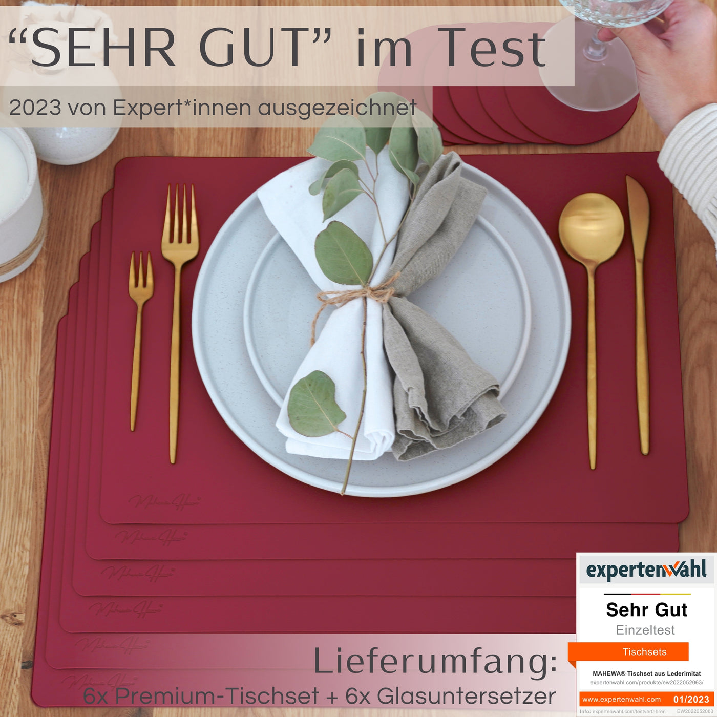 Tischset aus Lederimitat - Eckig 6er Set - Weinrot