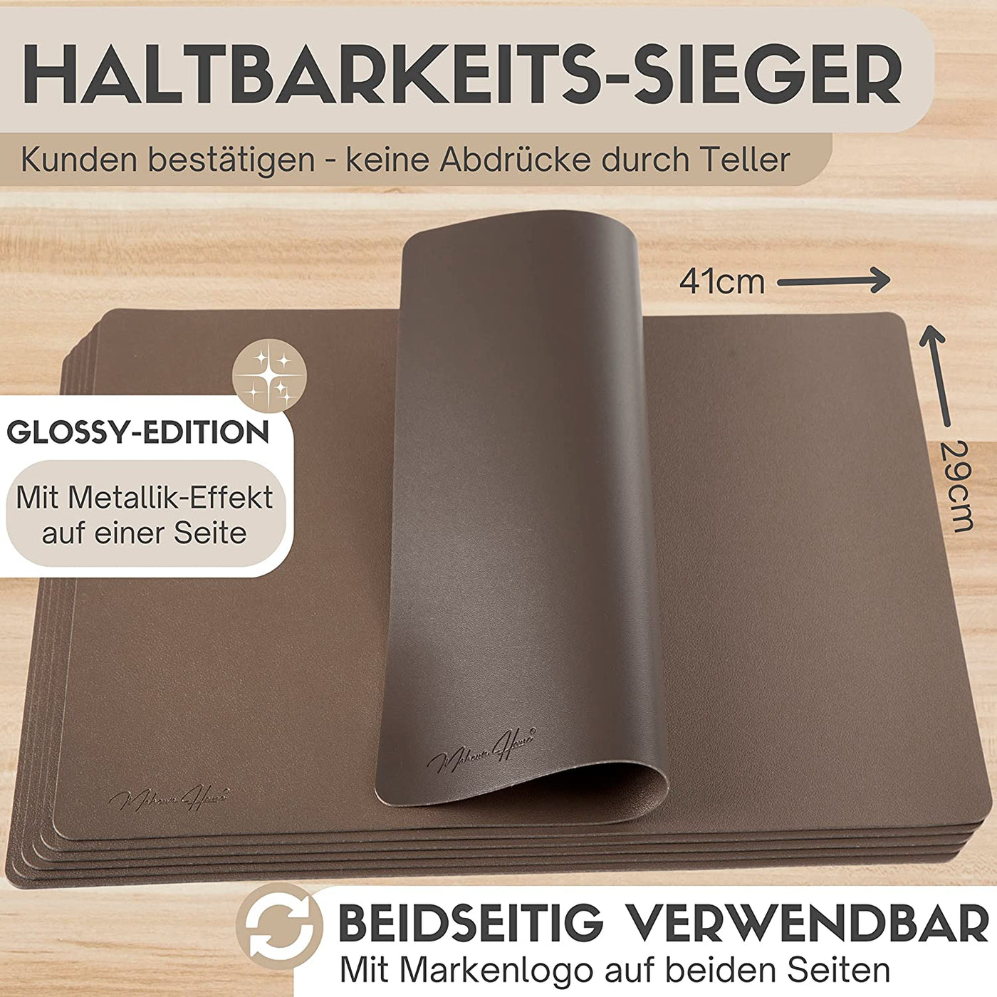 Tischset aus Lederimitat - Eckig 6er Set - Kupfer/Holzkohle