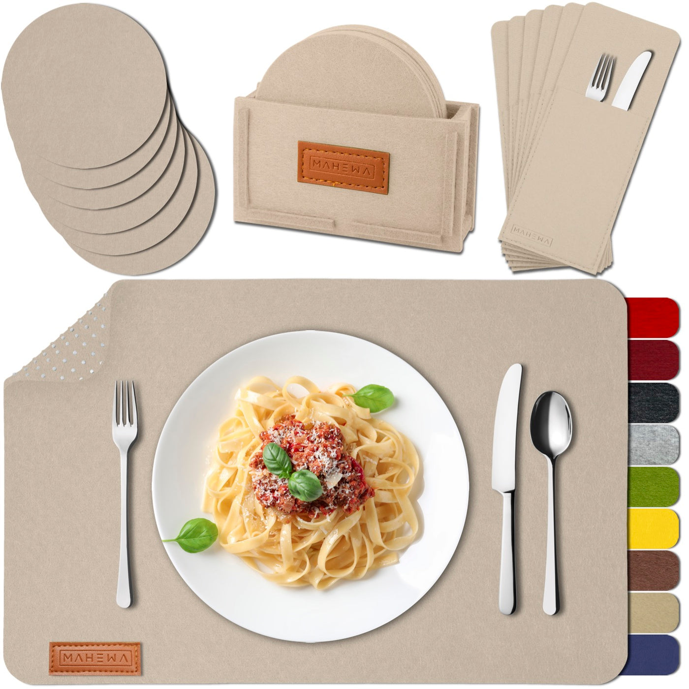 Tischset aus Filz- Eckig 6er Set mit Zubehör - Beige - Braun Logo