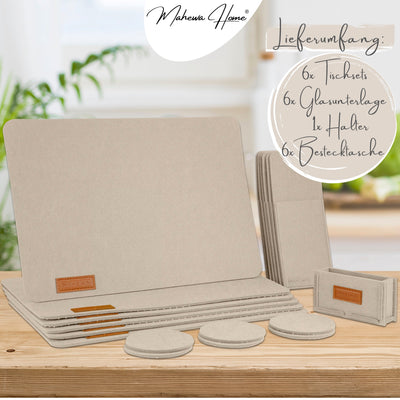 Tischset aus Filz- Eckig 6er Set mit Zubehör - Beige - Braun Logo